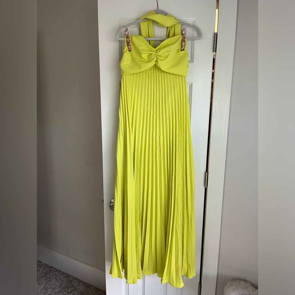 Lime Pleated Off Shoulder Maxi Dress with scarf